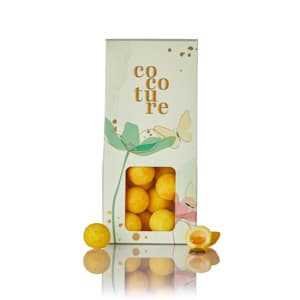 Hvide chokoladekugler m/ exotic fruitcreme i lysegrøn Cocoture dragébox - 95-100g