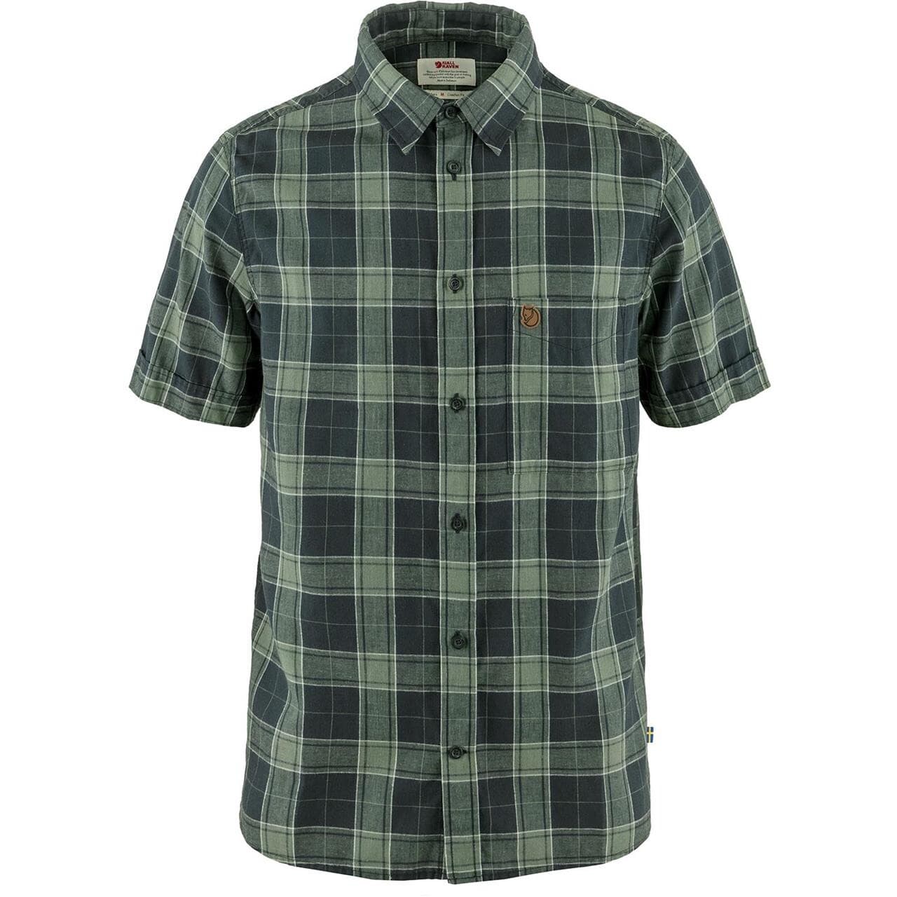 Fjällräven Mens Övik Travel Shirt S/S  (Blå (DARK NAVY-PATINA GREEN/555-614) X-large)