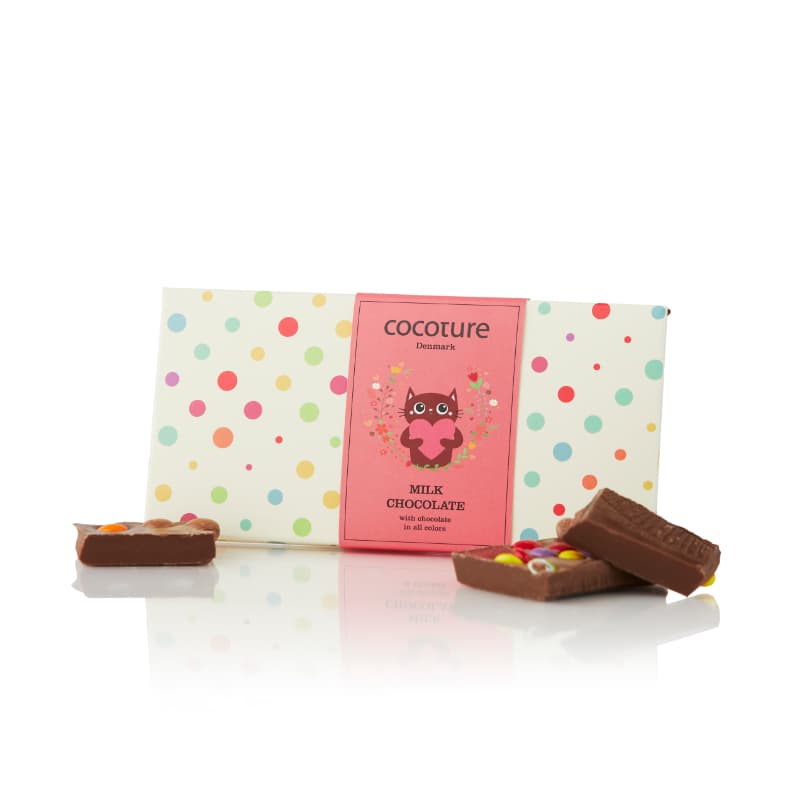 Chokoladeplade med chokoladeknapper i rød Cocoture æske - 55g