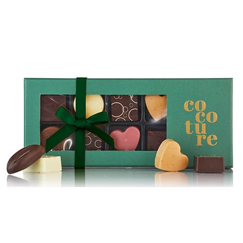 Chokoladeæske med 9 stk. fyldte chokolader fra Cocoture i grøn æske - 81g