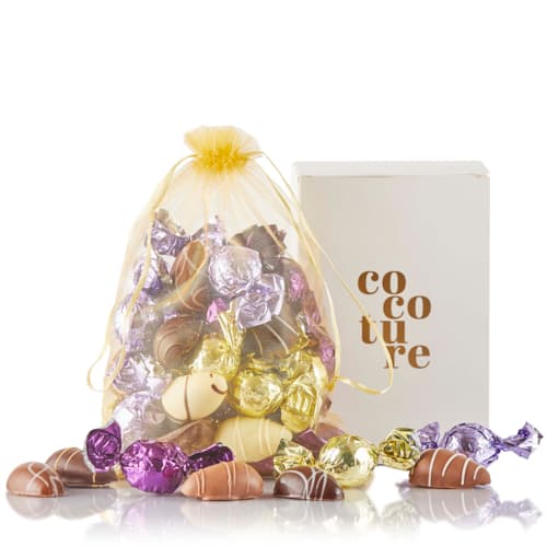 Fyldte chokoladekugler, marcipanæg og fyldte påskeæg i hvid giftbag - 450g