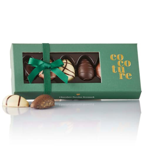 Mix af marcipanæg og fyldte chokoladeæg i grøn Cocoture æske - 75g