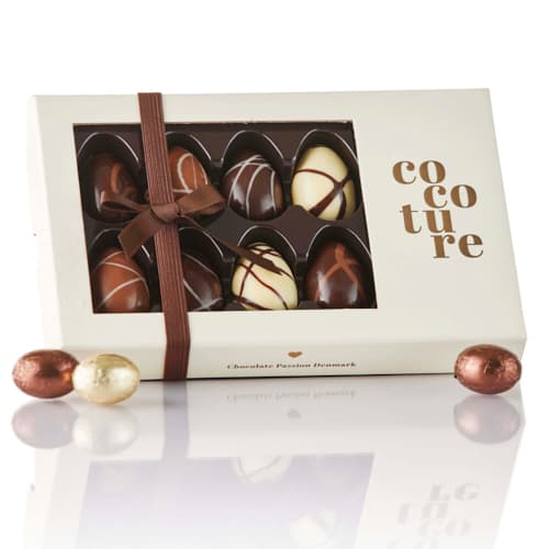 Mix af fyldte chokoladeæg og nye fyldte folieæg i hvid Cocoture æske - 152g