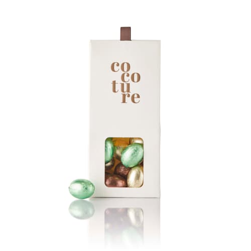 Cocoture æske i hvid med fyldte påskeæg i guld, brun & grøn folie - 95-100g