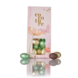 Cocoture æske i lyserød med fyldte påskeæg i guld, brun & grøn folie - 95-100g