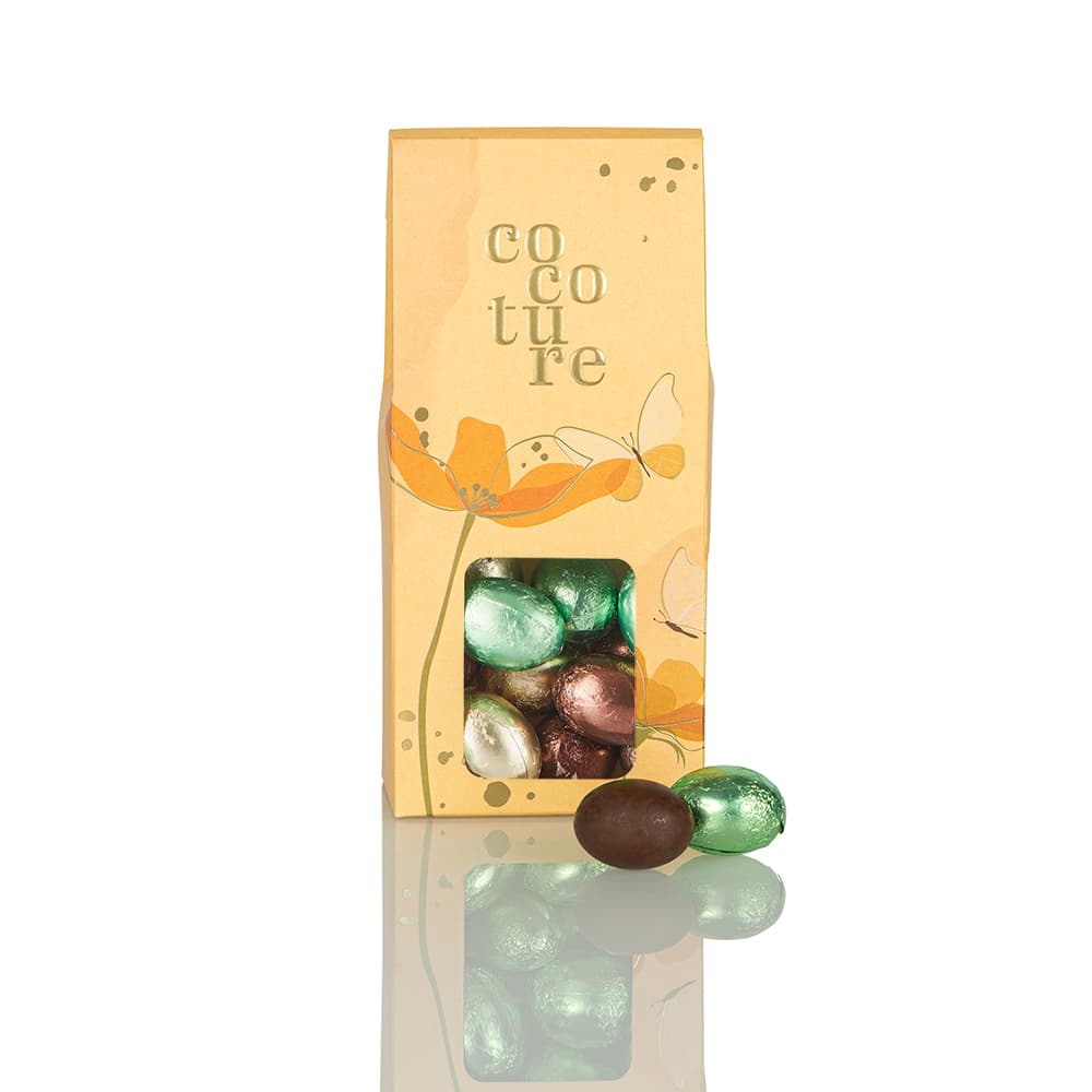 Fyldte folieæg m/ forskellig smag i orange Cocoture dragébox - 95-100g