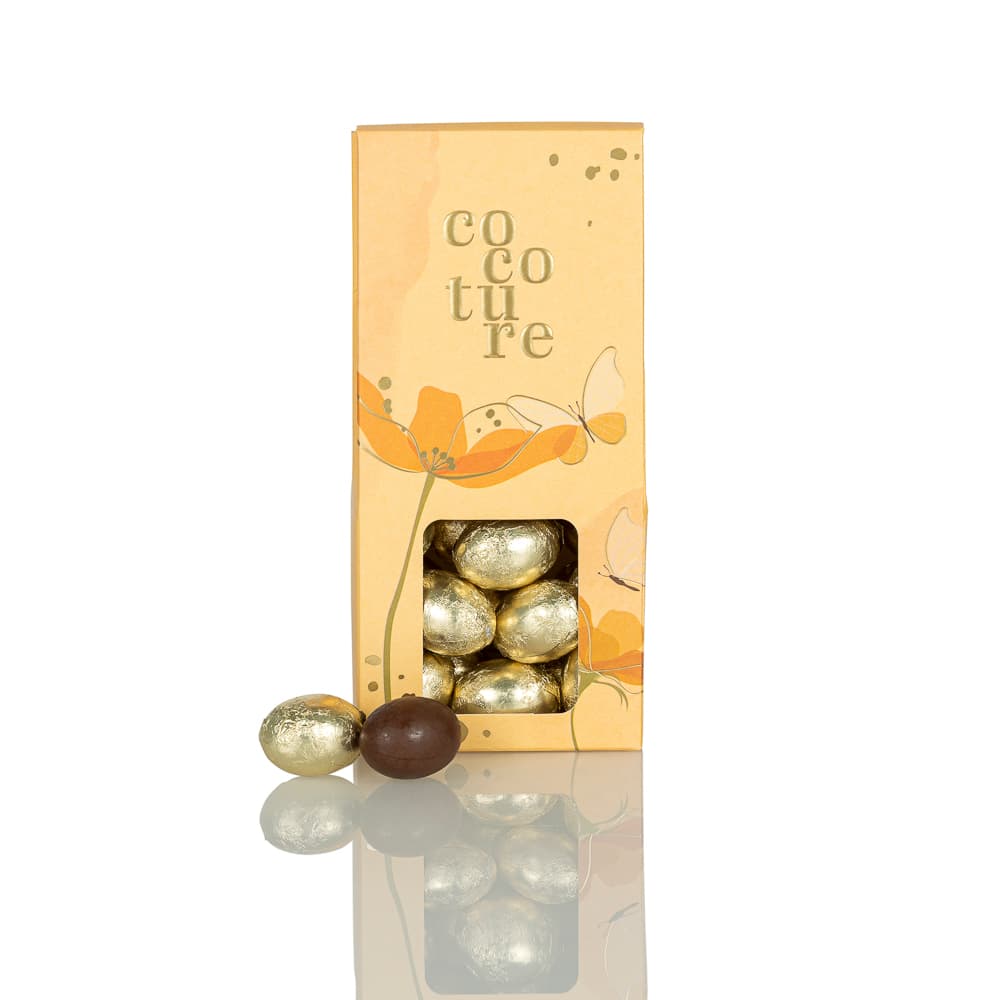 Fyldte folieæg m/ pistacie i orange Cocoture dragébox - 95-100g