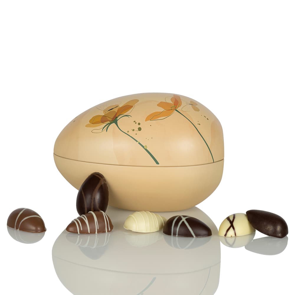 Marcipanæg og fyldte chokoladeæg i orange Cocoture metalæg - 255g