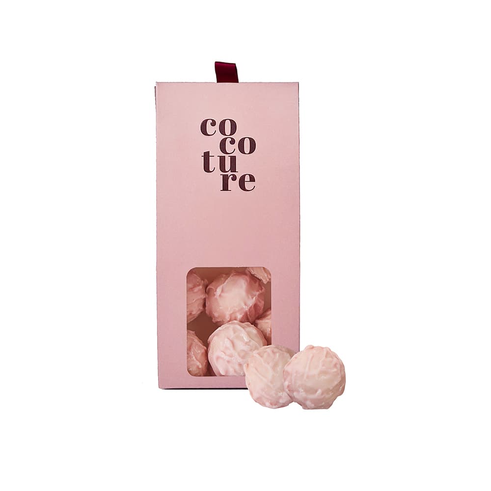 Champagnetrøfler i lyserød metallic Cocoture dragébox - 100g