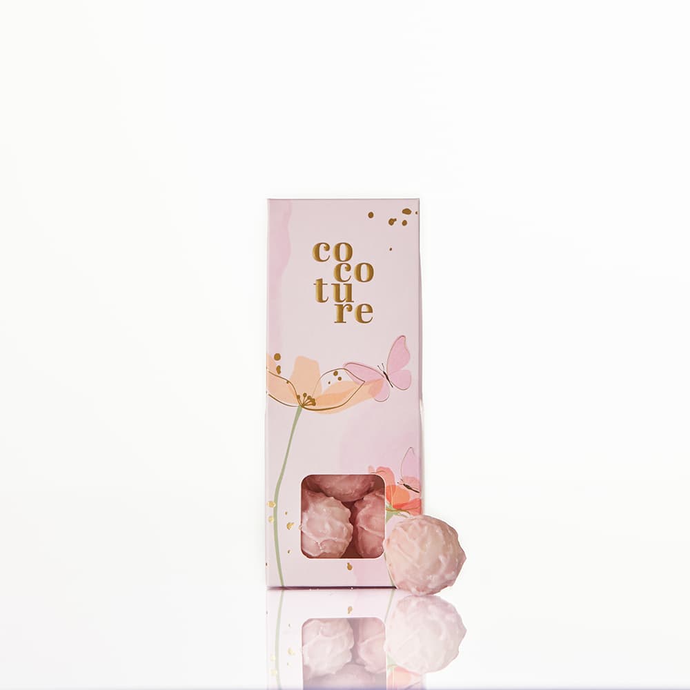 Champagnetrøfler i lyserød Cocoture dragébox - 45g