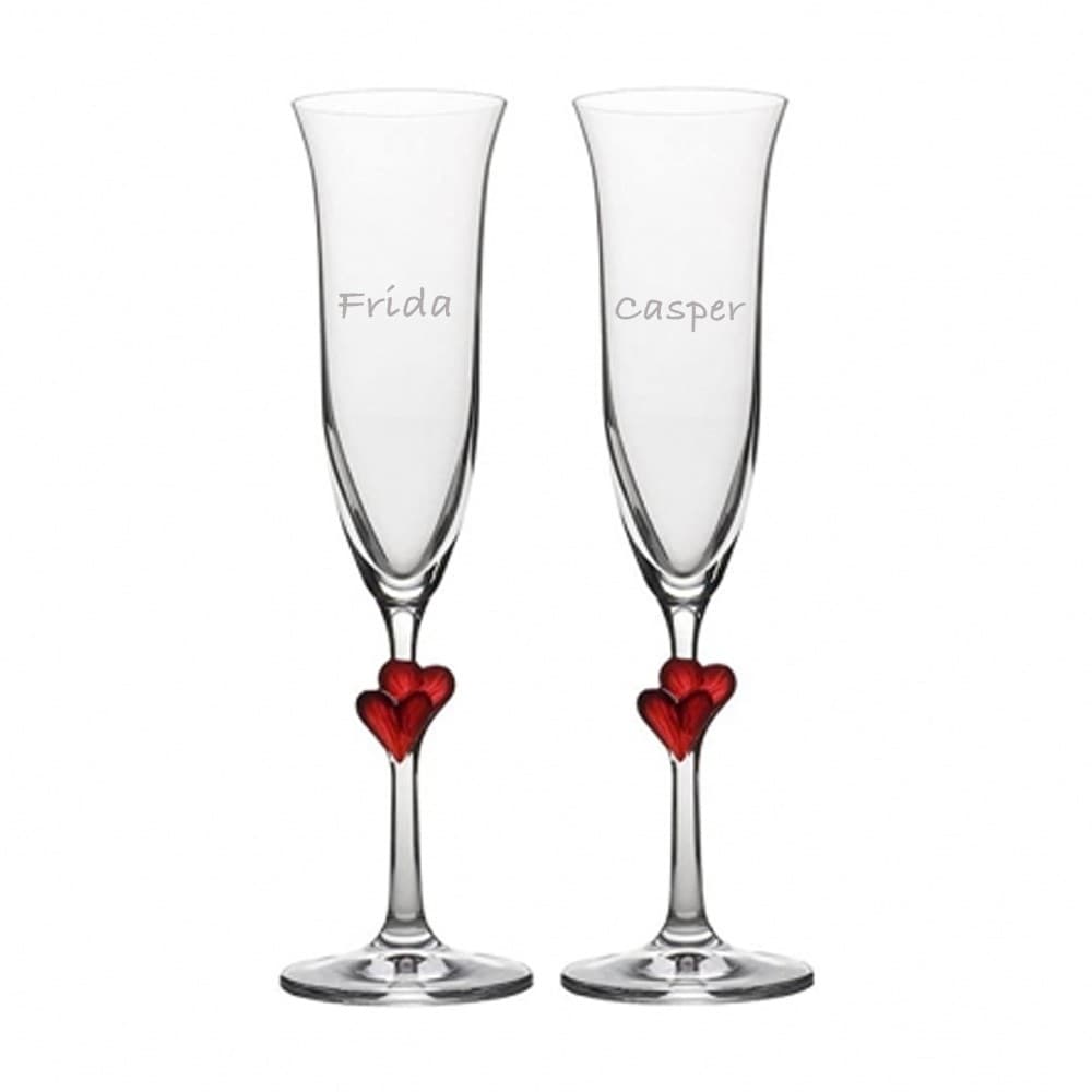 Champagneglas med røde hjerter på stilk - perfekt til bryllup