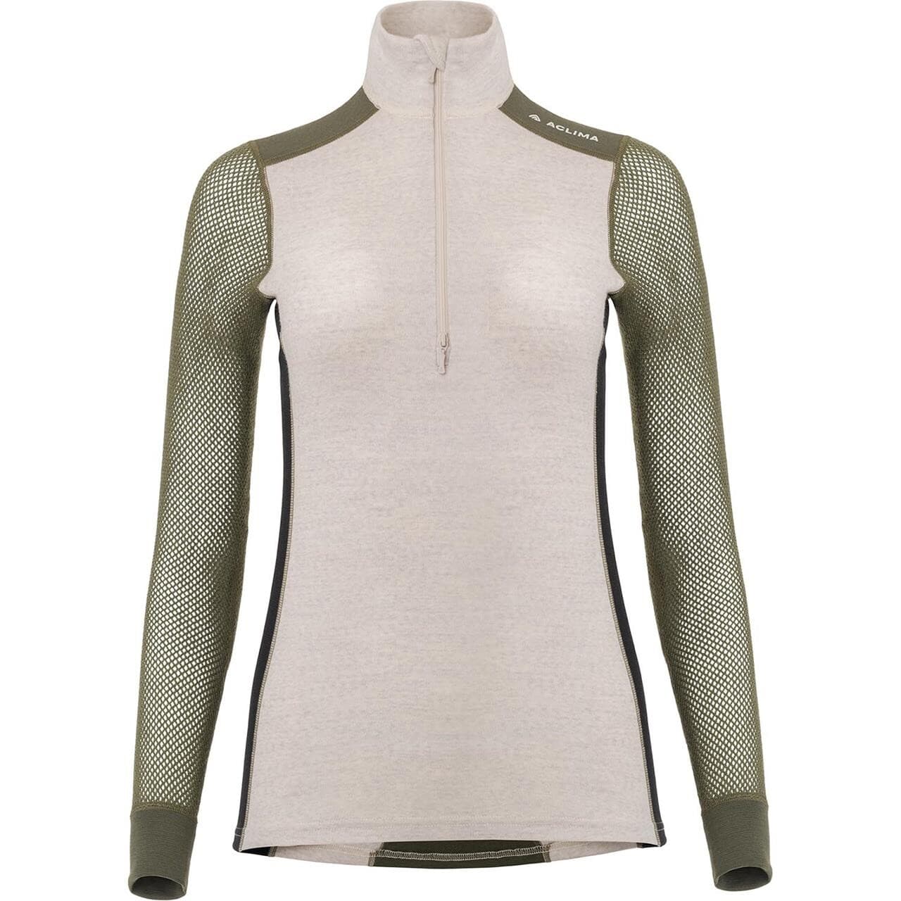 Aclima Womens WoolNet Hybridock Neck W/zip (Beige (BEIGE MELANGE/TARMAC/JET BLACK) Small)