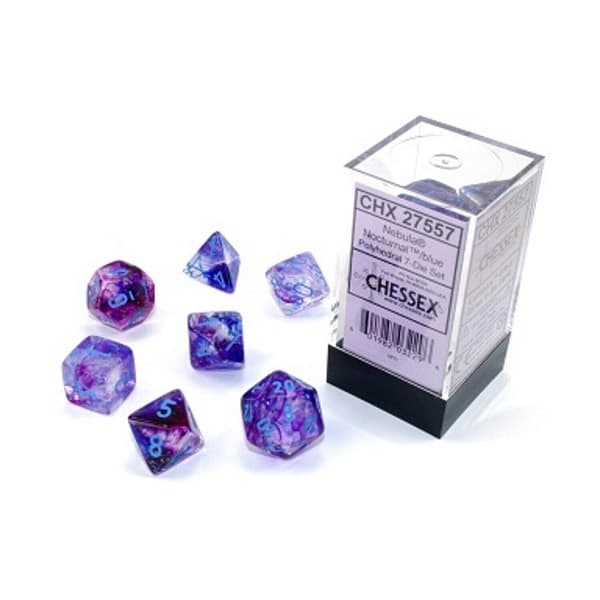 Dice - Terningesæt - 7 terninger - Nebula Polyhedral Luminary (Glow-in-the-Dark): Nocturnal With Blue - Chessex Lab