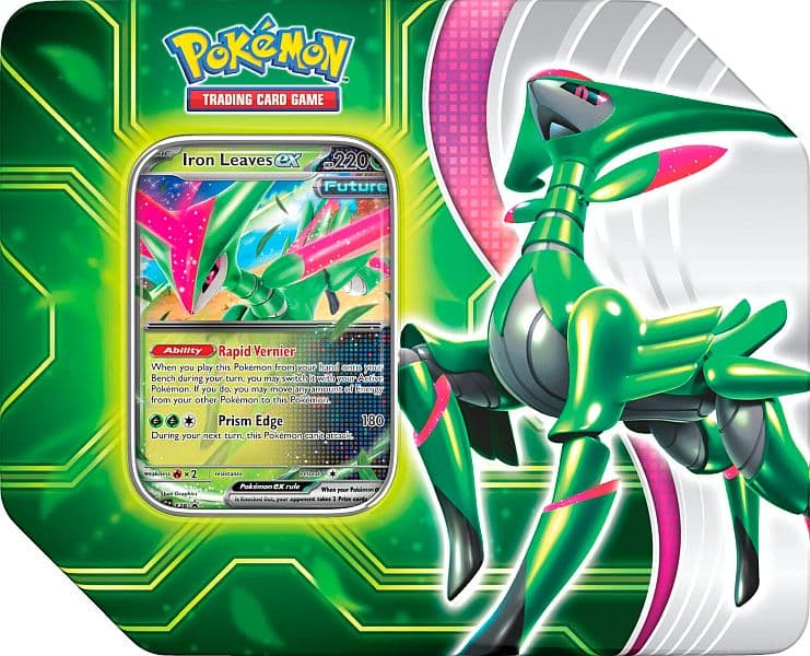 Pokemon Tin Kasse - 2024 Wave 2 Spring (USA Version): Iron Leaves ex (Future Virizion) - Paradox Clash Collector's Tin Box (5 Boosters)